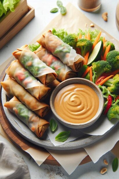Crispy Vegan Spring Rolls Paired with Zesty Peanut Sauce